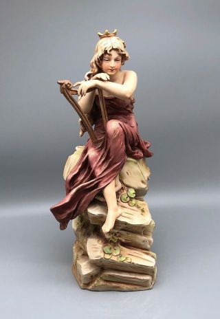 Royal Dux Bohemia Figurine - Fairy Tale Queen On Rocks W/ Lyre C1900 Amphora