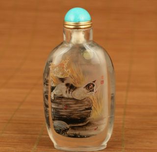 Unique Natural Crystal Hand Painting Lovely Cat Statue Antique Snuff Bottle