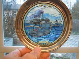 Us Navy Pewter & Stained Glass Plate Usn Monitor & Virginia Historical Society
