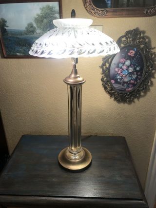 Antique Art Nouveau Crystal Column Pillar Lamp Art Glass Nouveau Shade - Rare