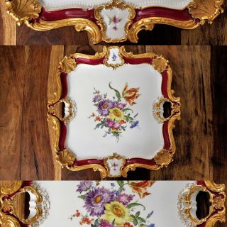 Rare Shell Deep Red Rococo Heavy Gold Gilded Tray Masterwork