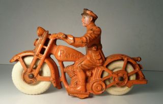 Vintage Hubley Cast Iron Orange Patrol Motorcycle W/ Driver 6.  5 "