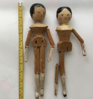 2 Antique Grodnertal Jointed Wooden Peg Dolls Handmade
