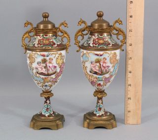 Antique Victorian Italian Capodimonte Porcelain & French Bronze Champlev Urns