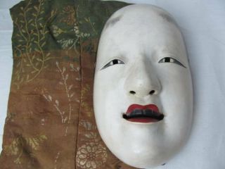 Japanese Noumen Omen Mask Noh Kyogen Female Face Wood Carving Painted 2167