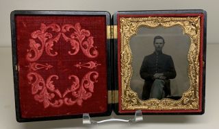 1/6th Civil War Tintype - Civil War Photo In Full Case - Soldier In Frock Coat