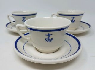 3 Homer Laughlin Fouled Anchor Cups & Saucers - Ca.  1987 - Navy Mess - Usa
