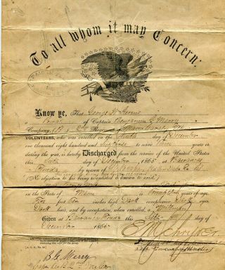 1865 Cw Discharge Pvt George W Stevens 2nd Regt Maine Cav Vet Vol Barrancas Fl