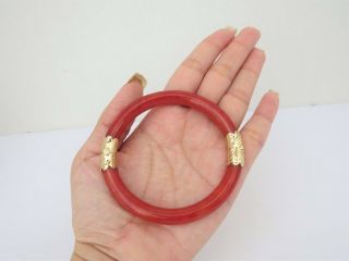 Vintage 18K Gold Translucent Blood Red Jadeite Jade Hinged Bangle Bracelet 58MM 2