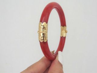 Vintage 18K Gold Translucent Blood Red Jadeite Jade Hinged Bangle Bracelet 58MM 6