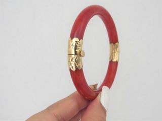 Vintage 18K Gold Translucent Blood Red Jadeite Jade Hinged Bangle Bracelet 58MM 7