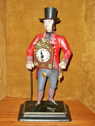 VINTAGE CAST IRON KEY WIND SHELF CLOCK OF COLONIAL STYLE FIGURE 100 2