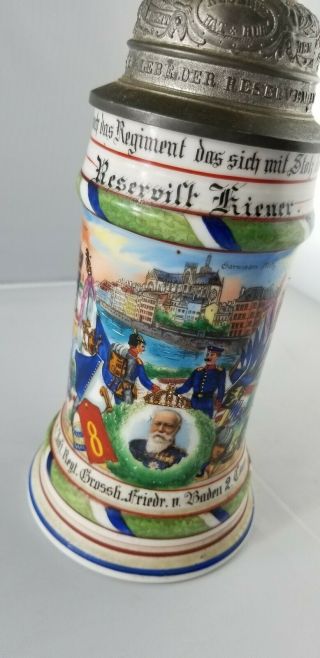 Antique Reservist Jug Inft.  Regiment 8 Metz Pitcher Beer Stein 1906 Grossh Baden 8