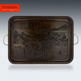 Antique 20thc Chinese Export Solid Silver & Carved Rosewood Tray C.  1900
