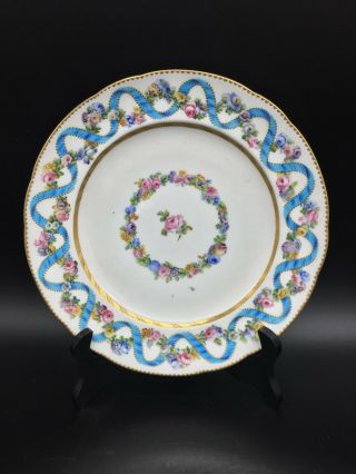 Antique Sevres Cabinet Plate 9 - 1/2  Blue Scroll Gold Pink Roses Marked