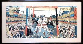 Antique 19th Century Japan Sumo Wrestling Triptych Utagawa Kunisada Framed Print