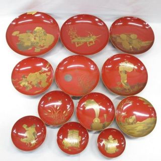 G450: Very Rare Tier Of Japanese Old Lacquered 12 Sake Cups With Wonderful Makie