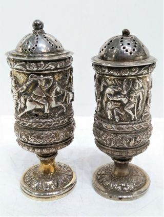 Indian Antique Silver Pepper Shakers,  Hunting Scenes,  Early 19th Century