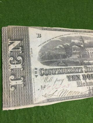 1863 $10 Ten doller Confederate States of America Richmond Civil War Era Note 3