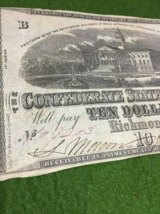 1863 $10 Ten doller Confederate States of America Richmond Civil War Era Note 4