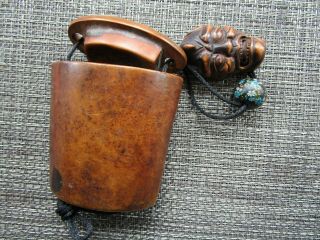 Antique Japanese Wooden Inro With Signed Netsuke Devils Head Very Old