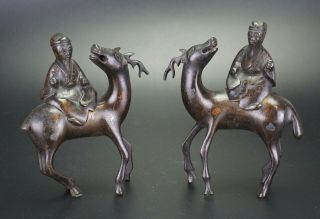 Pair Antique Chinese Bronze Figure Immortal On Deer Incense Burner Censer Qing