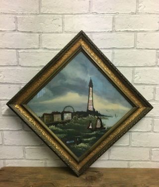 Unusual Antique Victorian Oil On Glass & Mother Of Pearl Painting Of Blackpool