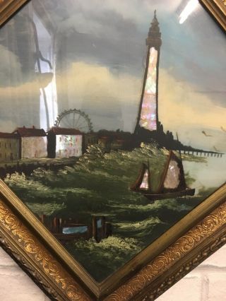 UNUSUAL ANTIQUE VICTORIAN OIL ON GLASS & MOTHER OF PEARL PAINTING OF BLACKPOOL 2