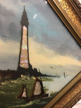 UNUSUAL ANTIQUE VICTORIAN OIL ON GLASS & MOTHER OF PEARL PAINTING OF BLACKPOOL 5