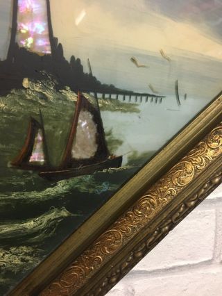 UNUSUAL ANTIQUE VICTORIAN OIL ON GLASS & MOTHER OF PEARL PAINTING OF BLACKPOOL 6