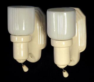 1930s 1940s Vintage Pair 2 Art Deco Porcelier Porcelain Bathroom Light Fixtures