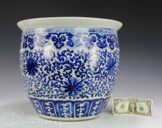 Chinese Blue And White Porcelain Planter With Lotus Scroll