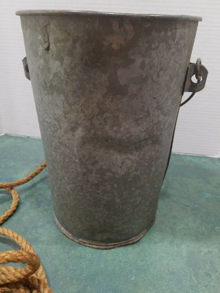 ANTIQUE RUSTIC IRON WATER WELL PULLEY,  WITH GALVANIZED WATER BUCKET/SOME HOLES 11