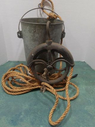 Antique Rustic Iron Water Well Pulley,  With Galvanized Water Bucket/some Holes