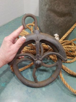 ANTIQUE RUSTIC IRON WATER WELL PULLEY,  WITH GALVANIZED WATER BUCKET/SOME HOLES 3