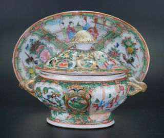SET Antique Chinese Canton Famille Rose Porcelain Tureen & Lid & Plate 19th C 3