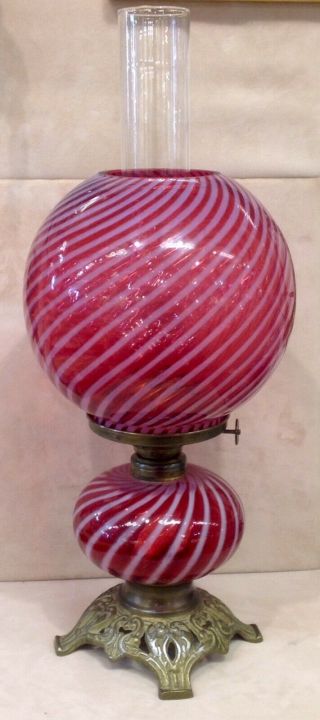 Antique Eagle Victorian Swirled Cranberry Glass Oil Lamp