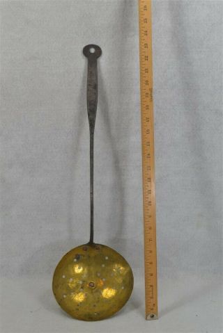 Antique Fireplace Tool Dipper Strainer Brass Forged Iron 18th 19thc Vg
