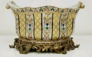 United Wilson Gold Gilded,  Hand Painted Porcelain Jardiniere Planter.  Bronze Base