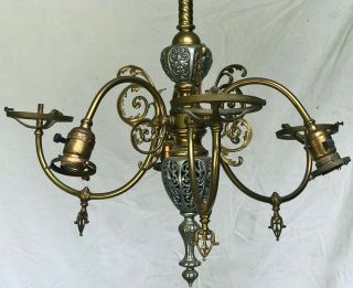 1890 ' s Antique Victorian 6 Arm Gas & Electric 2 Tone Light Fixture - Chandelier 5