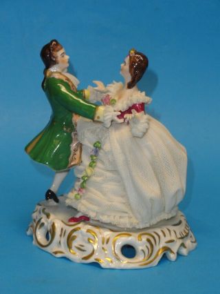 Antique Muller Volkstedt Dresden Lace Dancing Couple Figurine 5.  5 " H