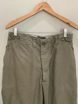 VTG 40s WWII US Army OD Cotton Field Pants 31” Waist Button Fly M43 Selvedge 2