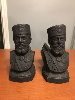 Rare Antique Pair Figural Russian Czar Cast Iron Tsar Andirons Romanoff Romanov