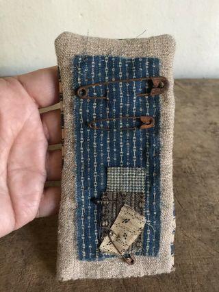 Early Antique Blue Brown Calico Ticking Housewife Sewing Roll Up Pin Keep Aafa