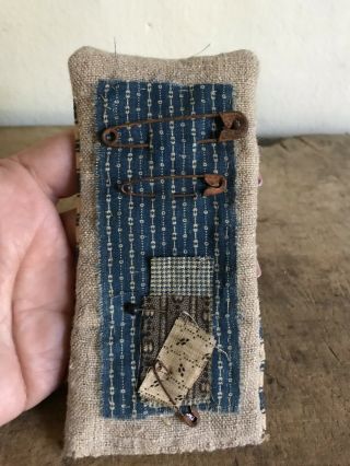 Early Antique Blue Brown Calico Ticking Housewife Sewing Roll Up Pin Keep AAFA 2