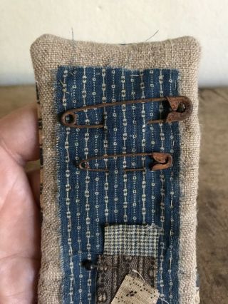 Early Antique Blue Brown Calico Ticking Housewife Sewing Roll Up Pin Keep AAFA 3