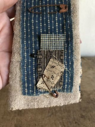 Early Antique Blue Brown Calico Ticking Housewife Sewing Roll Up Pin Keep AAFA 4