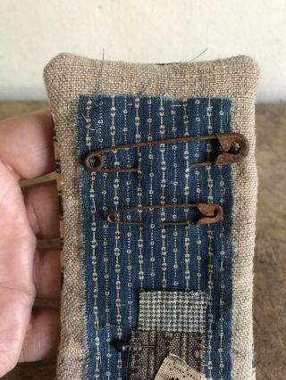 Early Antique Blue Brown Calico Ticking Housewife Sewing Roll Up Pin Keep AAFA 5