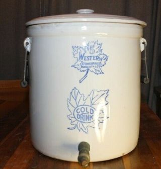 Western Stoneware Water Cooler Crock 5 Gallon Brass Spout Antique Ia