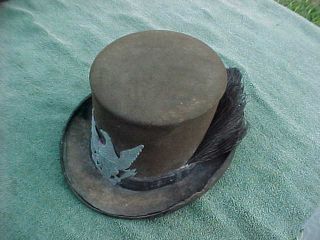 Old Civil War Period Top Hat W Brass Eagle & Ostrich Feather By Brown & William